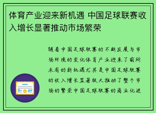 体育产业迎来新机遇 中国足球联赛收入增长显著推动市场繁荣 体育产业迎来新机遇 中国足球联赛收入增长显著推动市场繁荣
