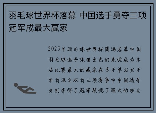 羽毛球世界杯落幕 中国选手勇夺三项冠军成最大赢家