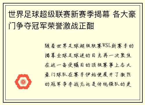世界足球超级联赛新赛季揭幕 各大豪门争夺冠军荣誉激战正酣